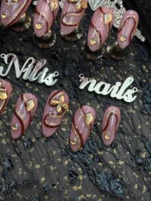 10pcs Almond Nail Acrylic Kit, Pink Nails, Hand Drawn Gold Shimmer&Red Lines, 3D Gold Irregular Diamonds Pieced Together Into Flower Shapes&Gold Round Small Diamonds And Other Nail Accessories, Gentle And Luxurious Style, Vintage French Style, Y2K Style Nail Art Set,Suitable For Women And Girls For Parties&Party&Ceremonies And Daily Use(Includes:A Piece Of Jelly Glue And A Friction Strip) Nail Supplies - Pink - View 6