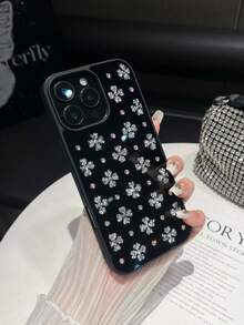 1 pièce Étui de téléphone 2-en-1 antichoc incrusté de strass, miroir, effet peau d'huile vaporisée noir et argent, convient pour iPhone 14 Pro Max/17 Pro Max/15 Pro Max - Noir et Blanc - Voir 2