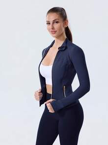 Women's High-Stretch Sculpting BBL Jacket With Thumb Holes Gold Zip Stand Collar Multi-Occasion Activewear Top - Xanh hải quân/Vàng thật - Xem 5