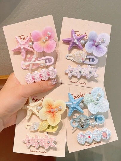 3个装 女孩彩色甜美清新春季海星花朵图案度假风卡通多巴胺色彩发夹