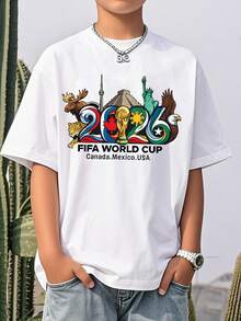 2026 World Cup Animal Landmark 2026 Print Boys Cotton Short Sleeve T-Shirt World Cup Watching/Fan Wear - trắng - Xem 1