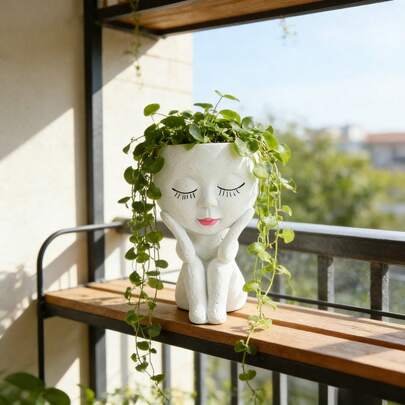 1pc Resin Succulent Plant Planter, Suitable For Use On Desks/Outdoors – Lightweight, Painted, Miniature Planter Featuring A Charming Red-Lipped Girl Design. Irregular Shape Design, Ideal For Office And Balcony Decorations, Aesthetic Gardening Gifts, Home Decor.