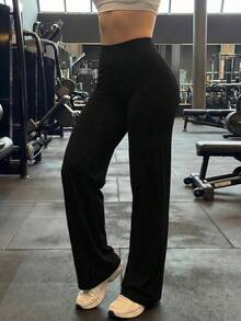 Solid Color Yoga Wide Leg Pants, Comfortable & Fitted, Suitable For Running, Fitness, And Various Yoga Activities Sports - Black - View 5