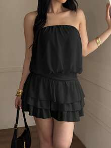 Vaiaye Women's Solid Color Strapless Backless Mini Dress, Elegant Multi-Layer Ruffle Hem Cake Skirt Dress For Summer Party & Beach Black - Black - View 7