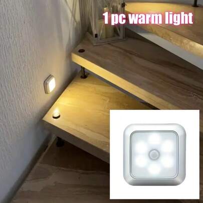 1 đèn LED cảm biến chuyển động 6 bóng, dùng pin, không dây, đèn ngủ LED bậc thang cho gầm tủ, hành lang, cầu thang, tủ quần áo, nhà bếp