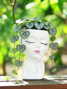 白色树脂人脸花瓶，可爱女孩头像花盆，现代艺术雕塑花盆，适用于家居客厅书桌装饰，独特的多肉植物花盆，适合室内外花园。春季装饰，家居装饰，花瓶，餐桌摆件，花瓶，花罐，餐桌中心装饰品。 - 經典 - 查看 7