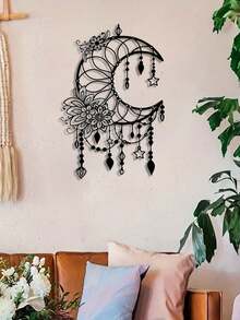Elegant Gothic Crescent Moon And Floral Metal Wall Decor - Exquisite Design With Beads And Stars | Perfect For Home, Office, Cafe Decoration | Easy To Hang Handmade Decorative Piece Suitable For Living Room, Bedroom, Patio, Kitchen, Garden | Ideal Housewarming Or Birthday Gift - Black - View 3