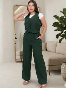 Women's Tailored Set: Vest And Wide-Leg Pants. Elegant, Casual, Chic, Modern, Conservative/Modest. Party/Fabric. Buttons Down The Front. Gathered Waist. Women's Formal Set. Office/Baby Shower/Formal And Evening. Holidays/Home/Summer, Spring And Autumn. - 軍綠色 - 查看 5