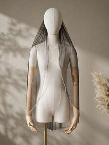 Véu preto transparente com cristais e miçangas, véu de noiva curto de camada única, ideal para o verão e a praia. - Preto - Ver 7