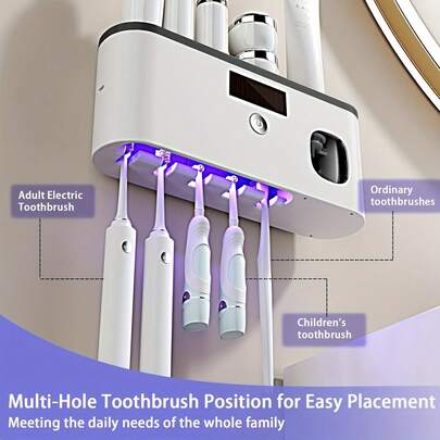 Esterilizador de cepillo de dientes inteligente - Diseño montado en la pared, espacio de almacenamiento de múltiples ranuras, hecho de material duradero, batería de litio recargable por USB, de doble uso como almacenamiento moderno para el baño y decoración del hogar, soporte para cepillo de dientes de baño, almacenamiento de baño, soporte de cepillo de dientes moderno, estante de plástico duradero, organizador de almacenamiento de cepillo de dientes