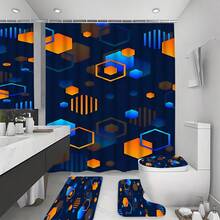 1/4pcs Set Blue Bathroom Accessories, Geometric Pattern Shower Curtain Set, Modern Art Style Shower Curtain With 12 Hooks, Bathroom Rug, Bath Mat And Toilet Mat - A - View 3