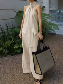 Urbanchic 2pcs Set Minimalist Necktie Decor Solid Color Camisole Top + Wide Leg Pants Suit, Elegant Ladies Outfits For Spring/Summer, Valentine's Day, Vacation, Beach - Apricot - View 1