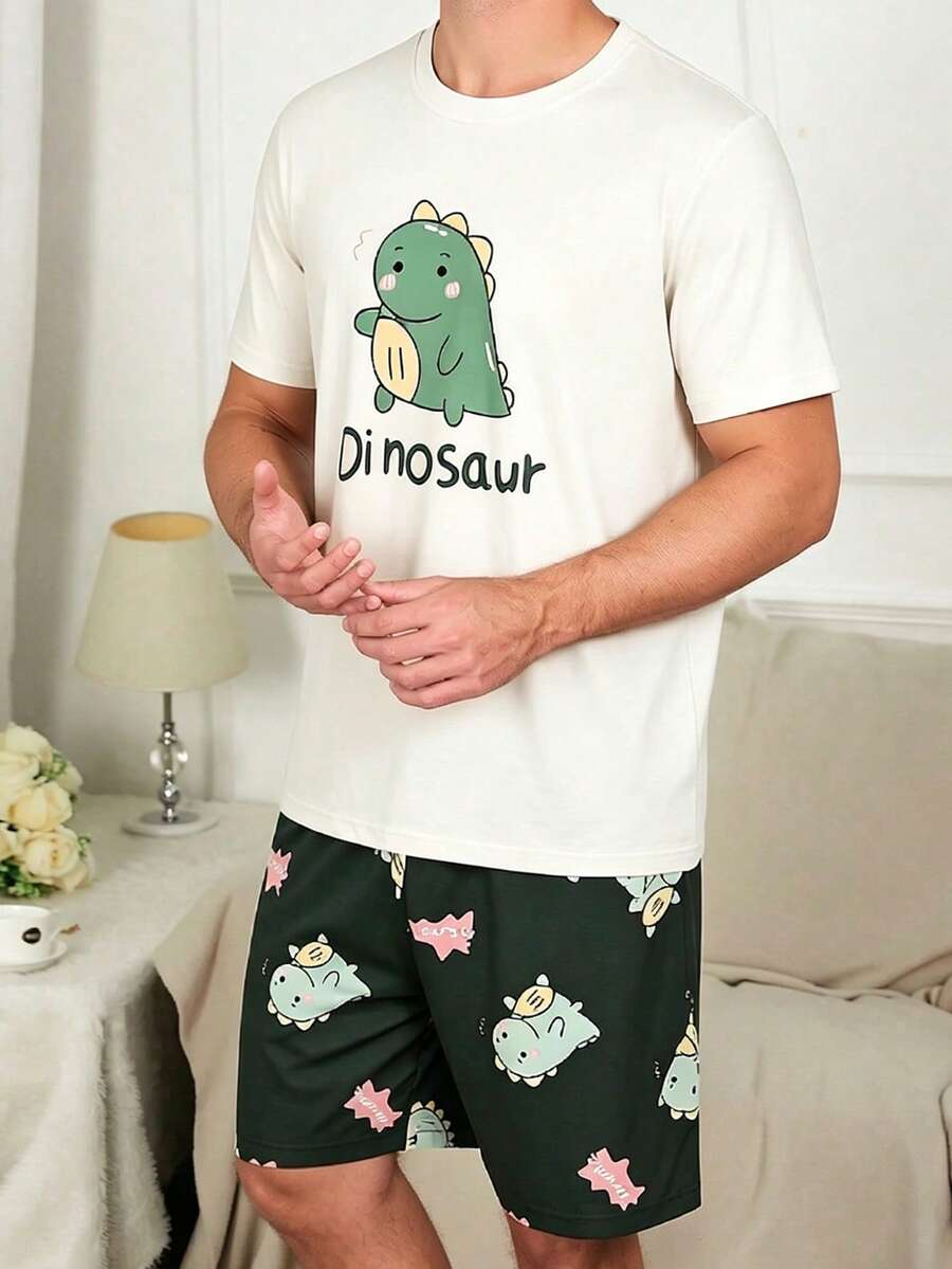 Men's Cartoon Dinosaur Print Short Sleeve Shorts Pajama Set, Summer - Multicolor - View 1
