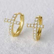 一对精致别致的925纯银镀18K金/银色密镶锆石十字架耳环，低过敏性，低致敏性，适合女性日常佩戴，也适合派对和婚礼等场合，是送给女孩的理想礼物。 - 金色 - 查看 4
