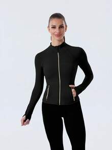 Women's High-Stretch Sculpting BBL Jacket With Thumb Holes Gold Zip Stand Collar Multi-Occasion Activewear Top - 黑/金 - 查看 2