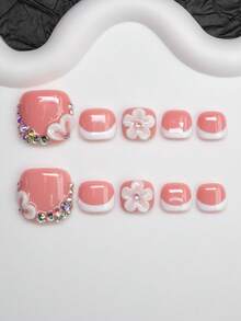 14 Stücke/Set handgemachte Y2K Baddie Stil Nagel Aufkleber, nude & weiße French Tip Nagel Wraps mit Blumen, Strass Designs, geeignet für Party, Hochzeit, Alltag, inklusive Zubehör, tolles Geschenk für Frauen & Mädchen (4 zusätzliche Nägel enthalten) - Verschiedenfarbig - Übersicht 1