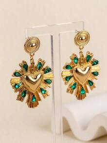 1 Pair Vintage Baroque Style Golden Heart-Shaped Faux Gemstone Dangle Earrings, Versatile Accessory For Formal Gowns, Banquets And Parties - Green - View 6