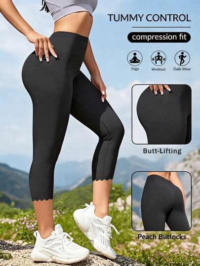 Quần lửng nữ dáng suông, chất liệu vải dệt kim màu trơn, gấu quần bất đối xứng với cạp chun co giãn, phù hợp cho mùa hè năng động và các hoạt động thể thao ngoài trời, quần legging cơ bản cho mọi mùa.