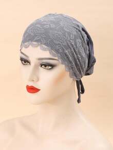 1pc Lace Trim Wrap Bonnet Hair Bonnet Turban Valentine's Day Valentines Sleep Bonnet - Dark Grey - View 4
