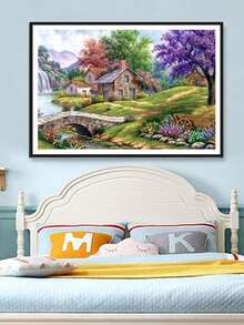 1 Set de Kit de Pintura de Diamantes sin Marco, Escenario Campestre Tranquilo con Encantadora Cabaña, Flores Vibrantes y Río, Adecuado para Decoración de Dormitorio, Sala de Estar, Oficina o Cocina, Decoración Mural Exterior, Técnica de Diamante Redondo Completo para Principiantes Adultos - Sin marco - Ver 14