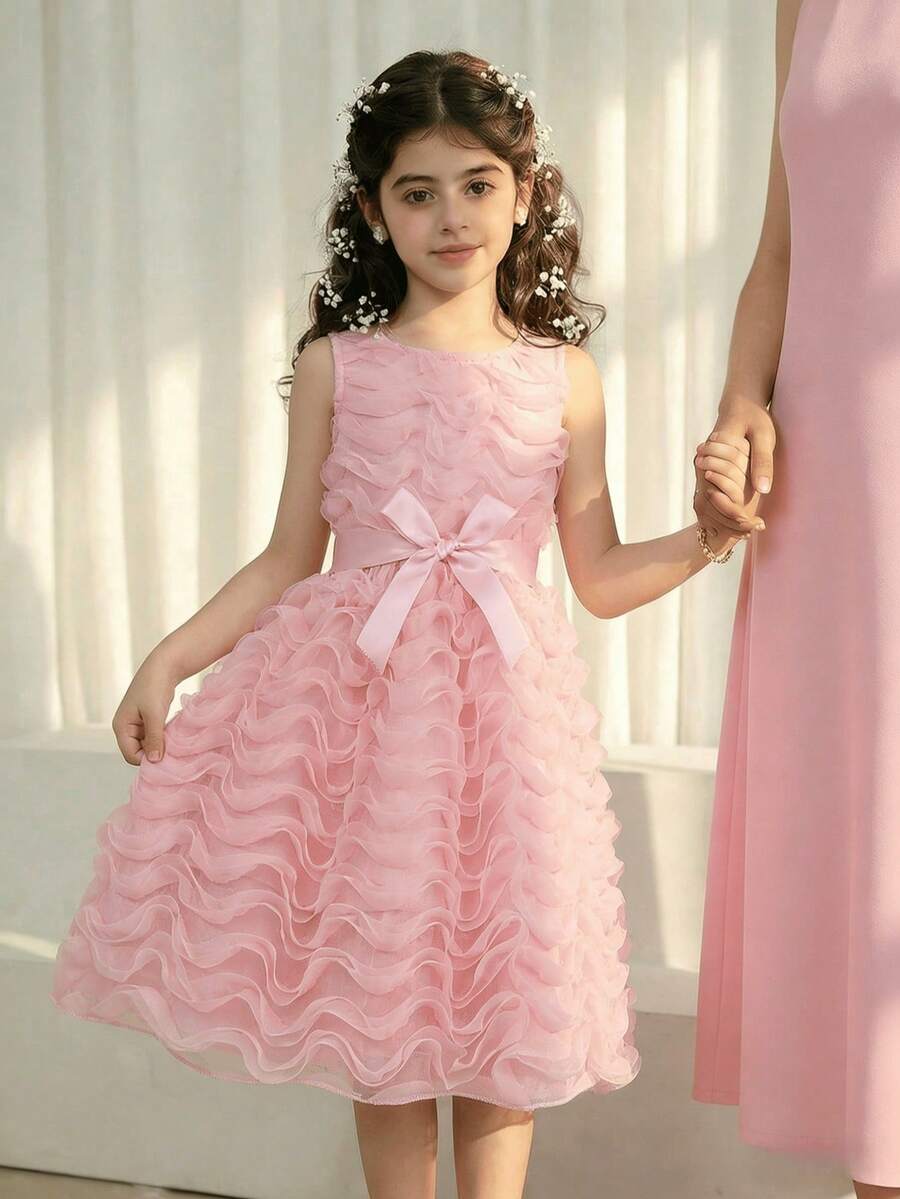 Young Girls' Round Neck Ruffle Mesh Bodice Waist Tie Bow Decor Princess Dress, Elegant Fashion Summer (Detachable Belt Included) - Pink - View 1