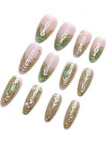 24pcs Minimalist Green Gemstone & Pearl Dopamine Color Series, Gold-Plated Scratch Line Medium Almond Fake Nails, Suitable For Spring, Autumn, Work, Daily, Party, Wedding, Comes With Jelly Gel And File, Reusable Detachable Fake Nails, Nail Art Supplies - 綠色珍珠 - 查看 4