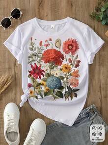Woman's Casual Short Sleeve-Shirt Printed With Vintage Botanical And Floral Patterns Graphic-Shirt Summer Clothes Oversized Camiseta Streetwear Casual Round Neck Cotton Fashion Summer Outfits Women Loose Fit Tee Daily Outfit - 白色 - 查看 1