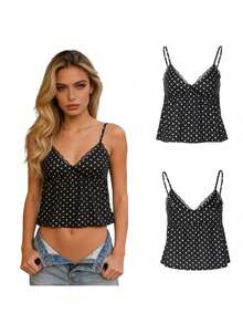 Camiseta de tirantes de verano para mujer con estampado de lunares, escote en V, lentejuelas y ribete de encaje. - Negro - Ver 7