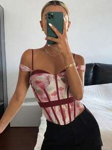 Kliou Chic 女士印花露脐吊带背心，心形领口拼接设计，不对称下摆和流苏细节，中等弹力，夏季度假休闲上衣 - 紅色 - 查看 2