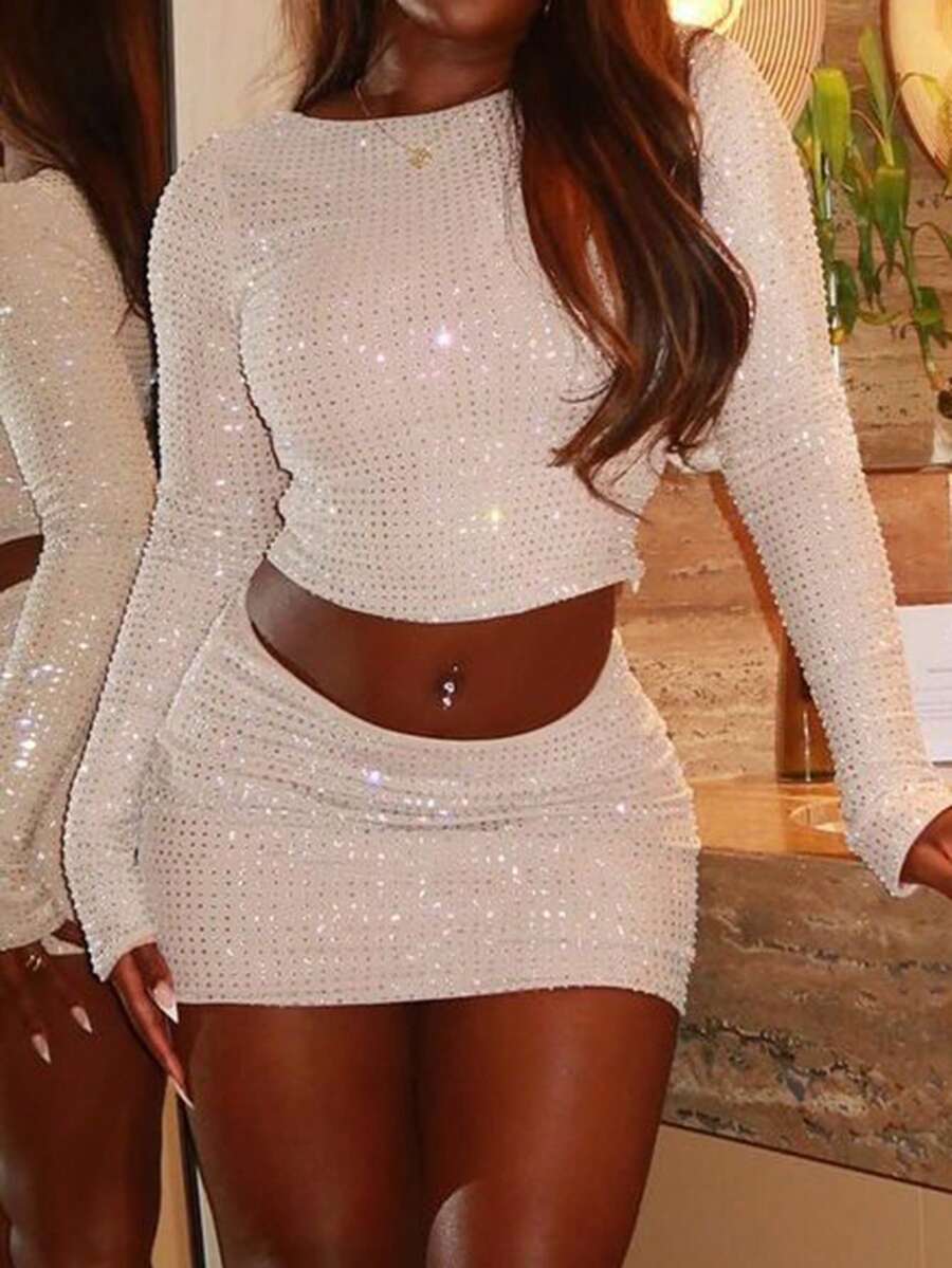 Unadoll Women's Spring Summer Y2K Sparkly Rhinestone Grid Print Long Sleeve Crop Top & Bodycon Mini Skirt Two Pieces Set Off White Wedding Guest Party Outfit - Apricot - View 1