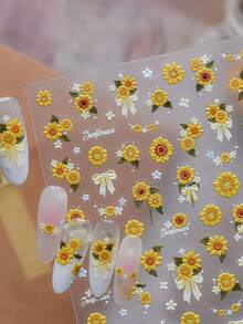 1pc 3D Sunflower Nail Sticker, Cute Bow Flower Embossed Nail Art Decals, DIY Nail Decoration Accessories Nail Stickers - Multicolor - View 2