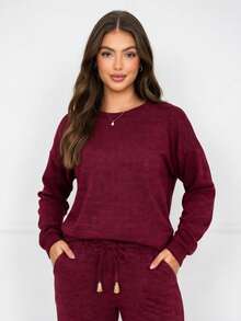 Women's Casual Long Sleeve Pants Set With Drawstring - Comfortable Winter/Autumn Fashion Blogger Style - Red - View 6