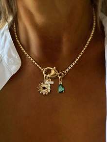 1pc Luxury Heart-Shaped 26 Full Diamond Letter Pendant Necklace, Stainless Steel Chain With Devil's Eye Pendant, Elegant Gift For Women Party - Yellow Gold - View 7