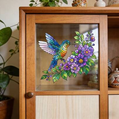 1/5pcsVintage Style, Exquisitely Colored Floral And Bird Window Decals, Adorned With Butterfly And Flower Patterns. Reusable And Glue Free, Suitable For Cabinets, Doors, Windows, And Home Decor.