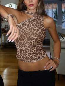Camiseta corta ajustada con estampado de leopardo para mujer - Estilo urbano y a la moda para fiestas y vacaciones de primavera y verano. - Estampado de leopardo - Ver 7