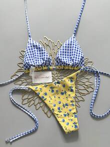 2pcs Retro Floral Colorblock Plaid Print Bikini Swimwear, Suitable For Beach, Pool, Cruise, Party In Spring And Summer Vacation - Yellow Background With Floral Pattern and Blue and White Checkered Pattern - View 3