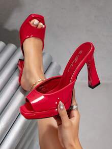 Sandalias de tacón alto con punta abierta y diseño deslizante a la moda - Rojo - Ver 5