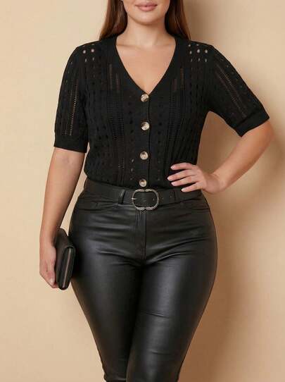 Whisplicity Summer Casual Plus Size Short Sleeve Knitted Cardigan Sweater Top For Women Black Spring