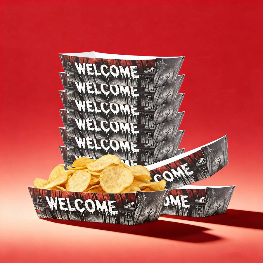 10pcs/20pcs/50pcs,Welcome To The Other Side! Red And Black Paper Snack Boats For A Stranger-Themed Party Or A Spooky Forest-Themed Disposable Food Container Food Trays. Gothic Dark Halloween Welcome Disposable Trays, Spooky Haunted Forest Snack Holders They Can Hold Snacks, Popcorn, Fresh Fries, Candy For Birthday Parties, Babyshowers, Home Decor, And Other Occasions. - View 1