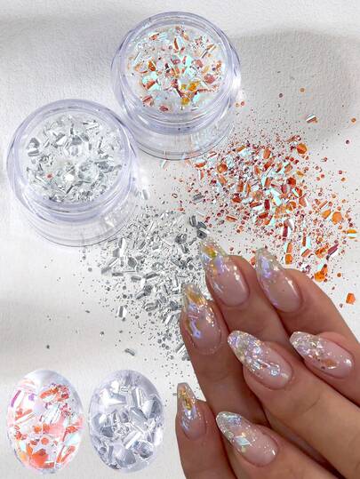 1/2 Chai Bột Kim Tuyến Trang Trí Móng Tay 3D Hiệu Ứng Ba Chiều Không Đồng Nhất, Màu Bạc Ánh Kim, Dạng Lách, Lấp Lánh, Dạng Mảnh, Tự Làm Móng Tay Lấp Lánh, Phụ Kiện Làm Móng, Dụng Cụ Làm Móng cho Phụ Nữ và Bé Gái, Thiết Kế Móng