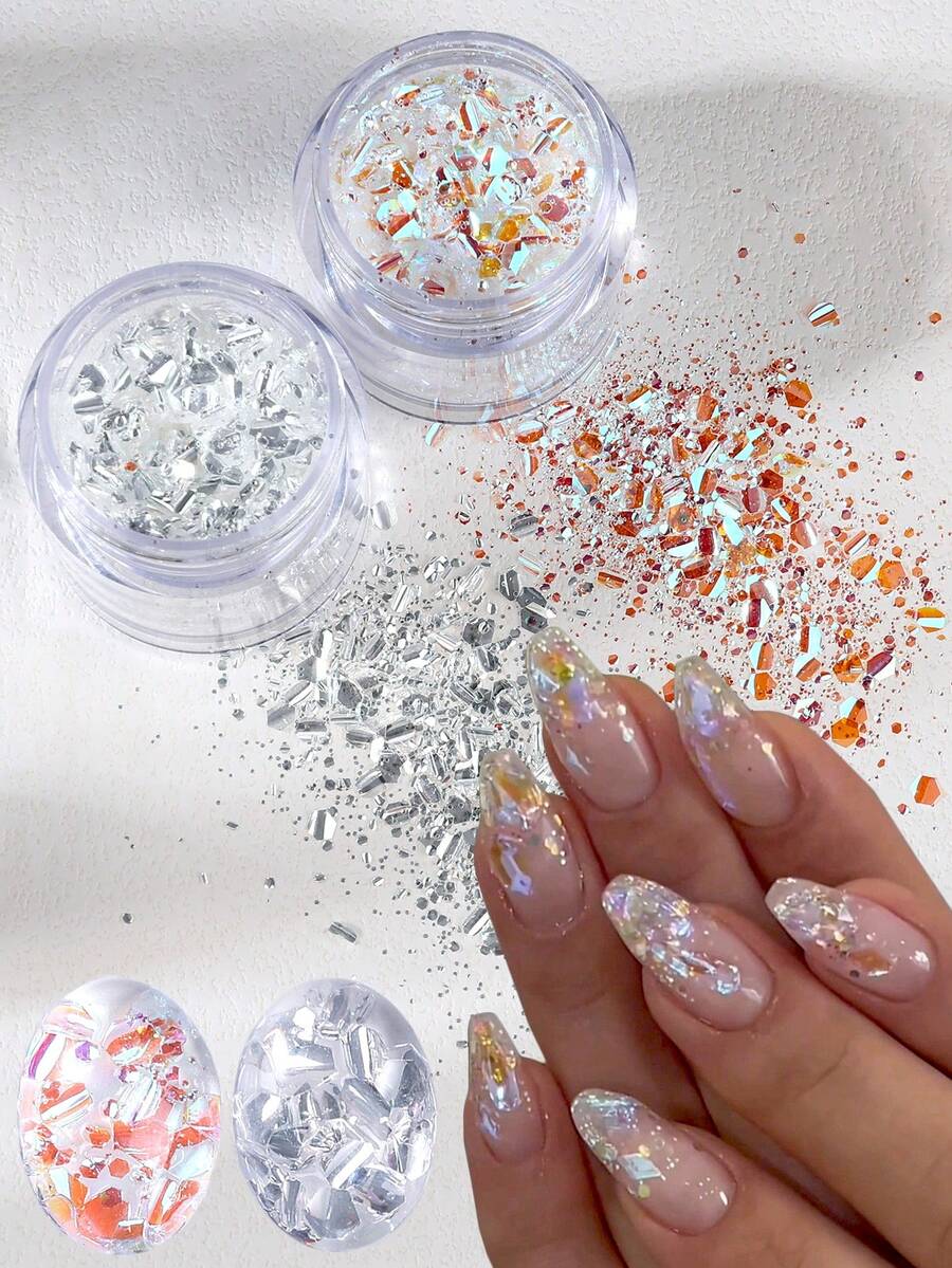 1/2 Bottle Spotlight Sequin Nail Glitter 3D Holographic Irregular Iridescent Silver Gradient Sparkly Flake Slices DIY Shiny Manicure Decoration Nail Accessories Nail Supplies For Women And Girls Nail Design - Multicolor - View 1