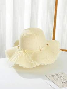 1顶女士卡其色波浪纹沙滩遮阳帽，饰有仿珍珠和蝴蝶结，优雅沙滩旅行度假遮阳帽 - 彩色 - 查看 6