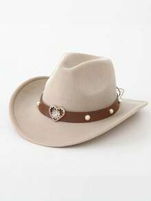 1 pieza Gorra de mezclilla con cadena de sombrero con perla falsa con forma de corazón, adecuada para equitación al aire libre, senderismo, conducción y fiestas, verano, playa - Sombrero de perla con forma de corazón - Ver 5
