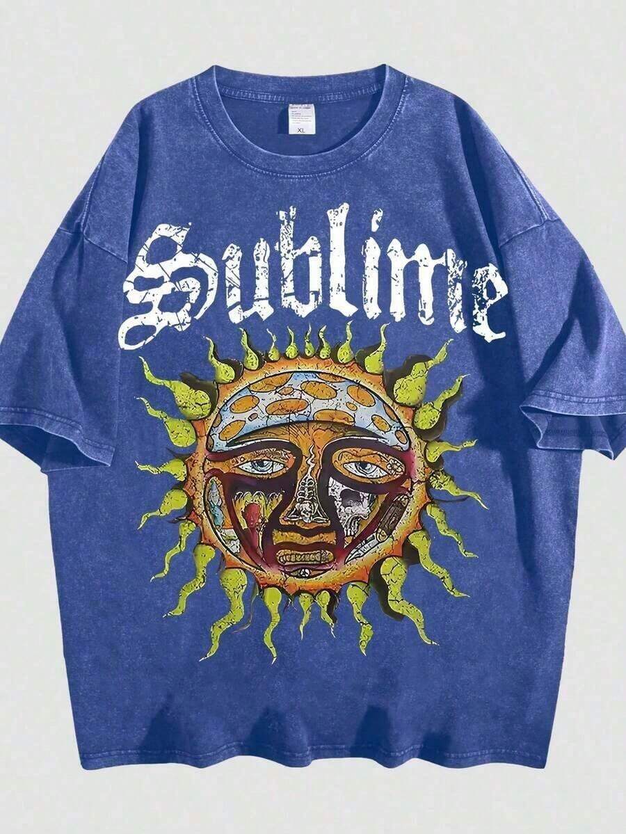 Unisex Sublime Band Sun Face Skull Print Graphic T-Shirt, Vintage Washed 100% Cotton Oversized Crew Neck Short Sleeve Tee, Retro 90s Rock Band Loose Fit Casual Shirt, Soft Breathable Streetwear Top For Men Women, Y2K Summer Vacation Daily Outfit,Holiday & Office Women T-Shirts,Comfortable - 藍色 01 - 查看 1