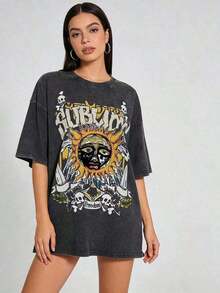 Unisex Sublime Band Sun Face Skull Print Graphic T-Shirt, Vintage Washed 100% Cotton Oversized Crew Neck Short Sleeve Tee, Retro 90s Rock Band Loo - 黑色 02 - 查看 3