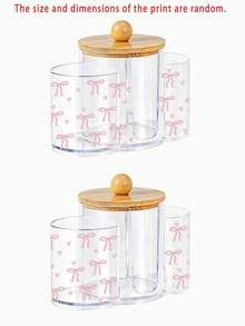Pink Bow Pattern 3-In-1 Bamboo Lid Transparent Plastic Storage Box, Desktop Makeup Organizer Box With Three Round Holes, Transparent Cosmetic Storage Box With Three Compartments Suitable For Makeup Brushes, Lipsticks, Gift Ideas For Women - Multicolor - View 10