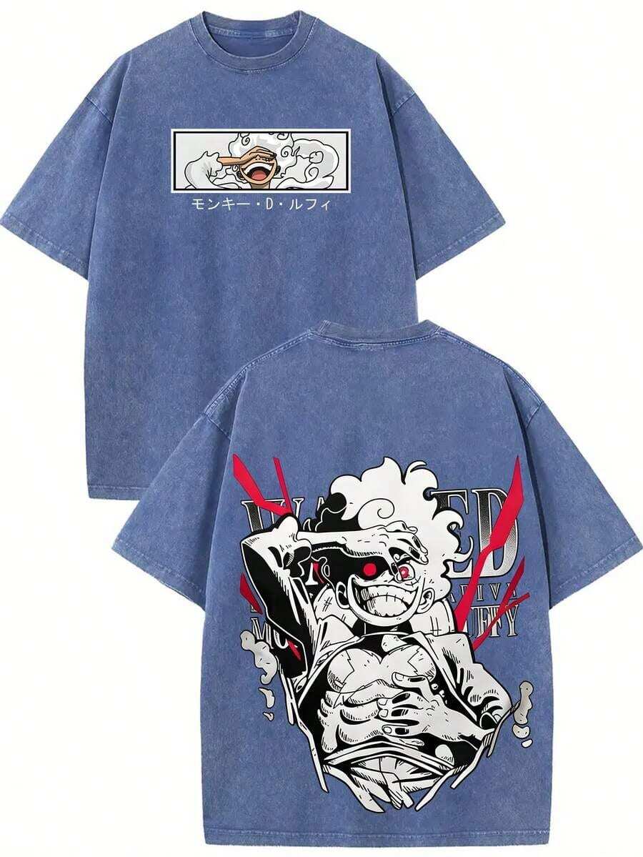 One Piece T Shirts Monkey DLuffy Gear 5 Nika Vintage Washed Black Oversized T-Shirt With WANTED Poster Graphic Print For Anime Enthusiasts, Anime Shirt, Mens Clothes, Mens T Shirts, Y2k Clothes, Unisex Casual Streetwear Japanese Anime T-Shirts,2026 New One Piece T-Shirt,Blusas Bonitas De Mujer - 藍色 - 查看 1