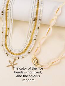 7Pcs/Set Bohemian Multilayer Starfish Shell Rice Beads Necklace For Women Summer Beach Sexy Choker Neck Chain Girl Party Vacatio - Beige - View 6