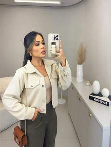 Stylish Casual Women's Corduroy Jacket With Front Buttons And Faux Pockets - Autumn/Winter Fashion - 米色 - 查看 3