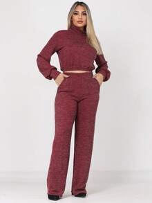 Women's Winter Set: Thick Ribbed Wool Blouse + Wide-Leg Pants With Pockets - 2026 Fashion - 酒紅色 - 查看 4